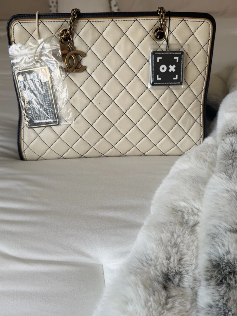 CHANEL Beige Quilted Leather Tote with Dark Trim and Aged Gold Hardware l COA